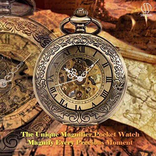 Image of SIBOSUN Pocket Watch Mechanical Skeleton Antique Men Bronze Roman Numerals Hand Wind