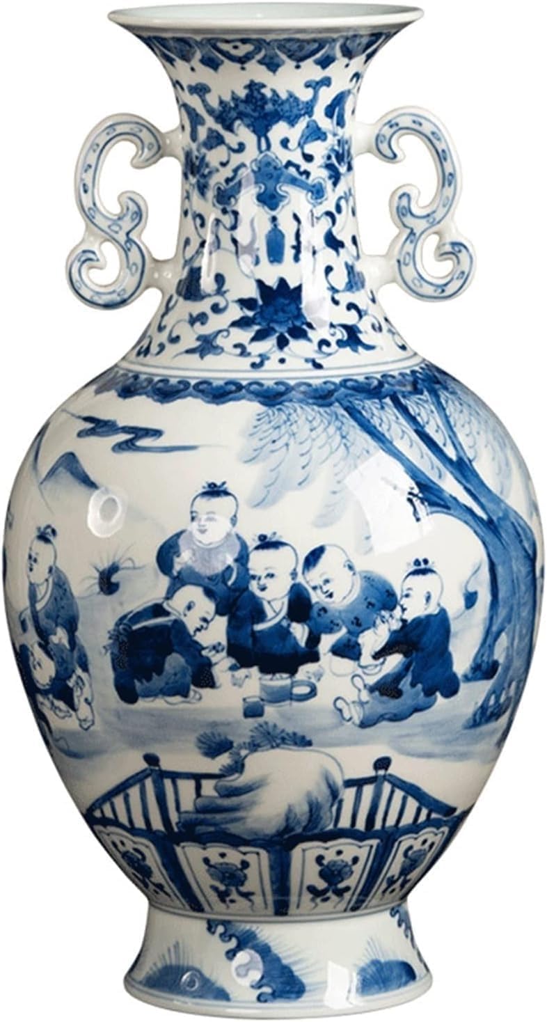 Vase en céramique bleu et blanc 33,8 cm pour valoriser un meuble ou buffet vide
