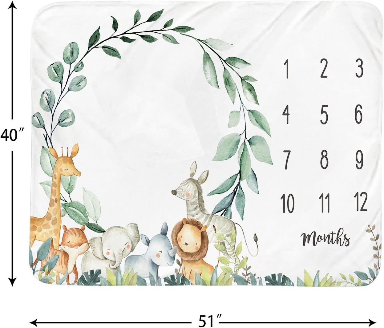 Baby Monthly Milestone Blanket Boy - Jungle Animals Newborn Month Blanket Neutral Safari Personalized Shower Gift Eucalyptus Leaf Wreath Nursery Decor Photography Background Prop with Frame 51''x40'' - Image 2