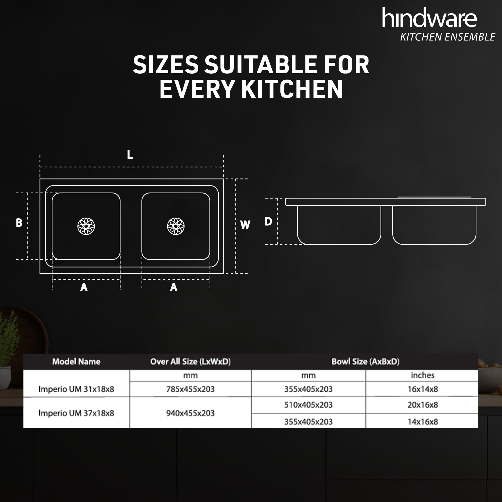 Hindware Kitchen Sink 31"x18"x8"| 304 Grade Stainless Steel | Pressed Double Bowl Sink with Waste Coupling | 25 Yrs Warranty on Product by Brand (Imperio UM, Matt) 2