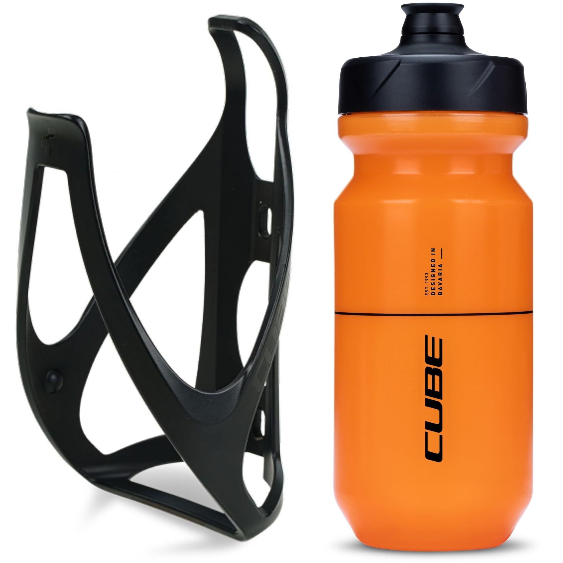 Cube HPP Cage - Stealth Black & Flow Bottle - Orange, 500ml / Water Drink Flask Vessel Bidon Holder Mount Bracket Kit Lightweight Plastic Drinking Hydration Biking Bike Riding Frame Accessories — image 1