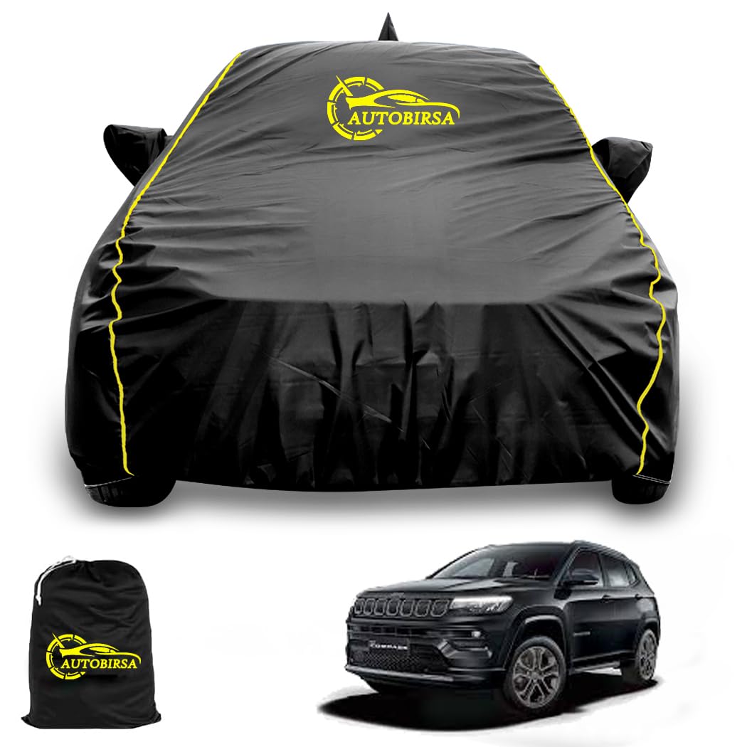 Waterproof Car Body Cover Compatible with Jeep Compass Car Cover with Mirror & Anteena Packets Dust Proof & Belt with 4 Side Elastic Black Colour & Yellow Piping Style-image-19