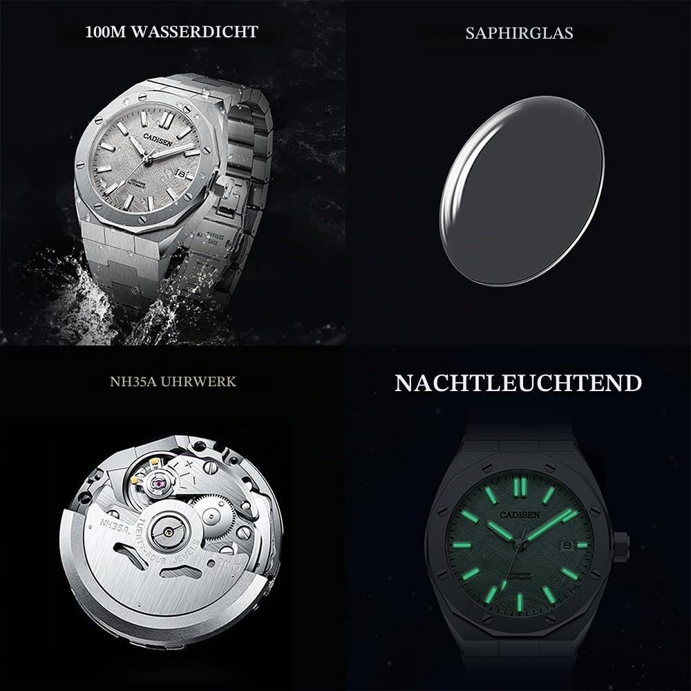 CADISEN Herren Automatik-Uhr Armbanduhr Automatikwerk mit Edelstahlband…