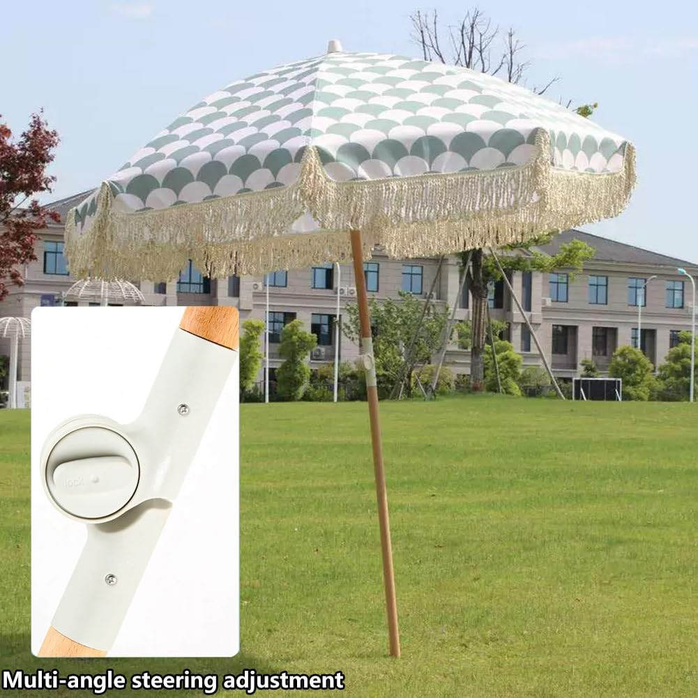 Parasol Plażowy w Boho 200 cm z Frędzlami, Przenośny Parasol Ogrodowy z Regulowanym Drewnianym Trzonkiem na Basen, Podwórko, Taras