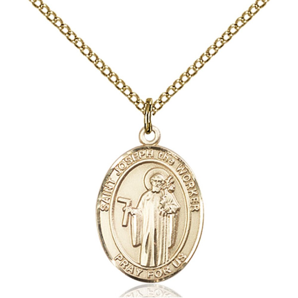Bonyak Jewelry Saint Medal Collection Custom Engraved Gold Filled St. Joseph The Worker Pendant 3/4 x 1/2 inches with Gold Filled Lite Curb Chain