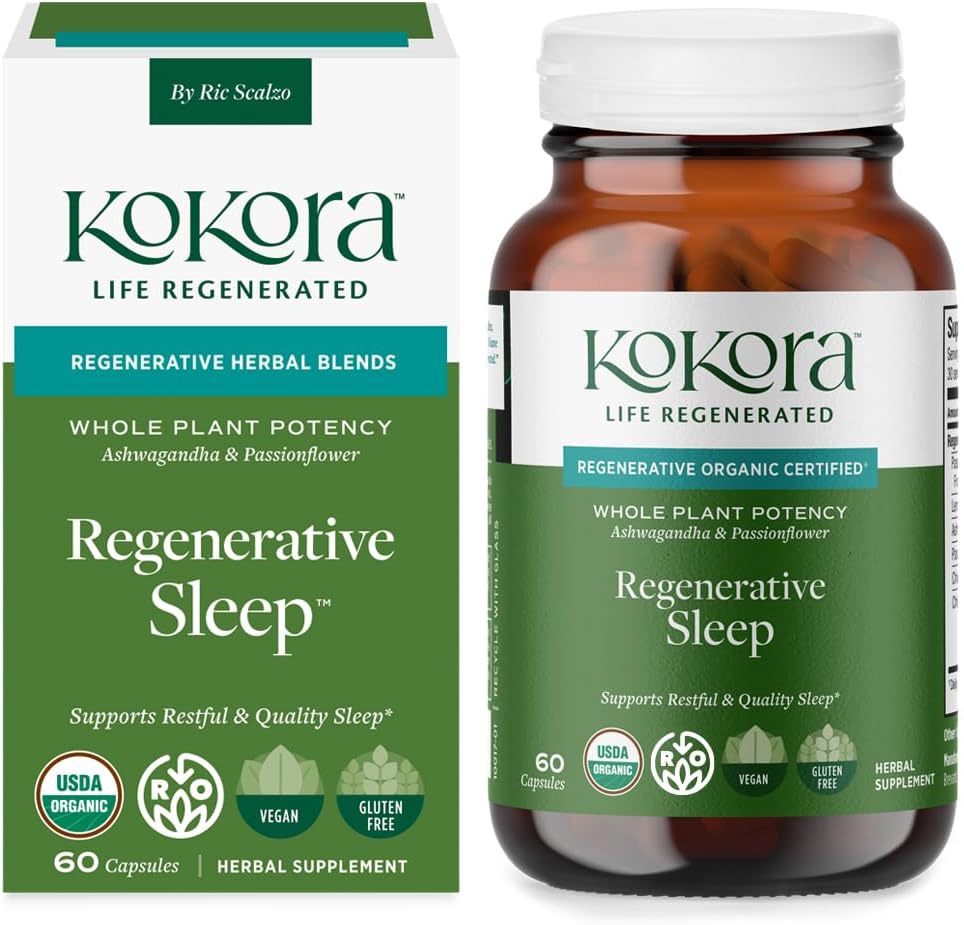 kokora Regenerative Sleep - Regenerative Organic Certified - Supports Restful, Quality Sleep, Relaxation* - Adaptogen Blend w/Lemon Balm & Passionflower - Vegan & Non-GMO - 60 Capsules - 30 Servings