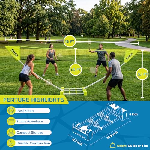 Image of Complete Portable Badminton Set Large - Quick & Easy Setup - 4 Rackets 2 Birdies Shuttlecock 1 Net & Badmington Pole Frame for Backyard Park & Beach Games Indoor Outdoor Sports Equipment Family Fun