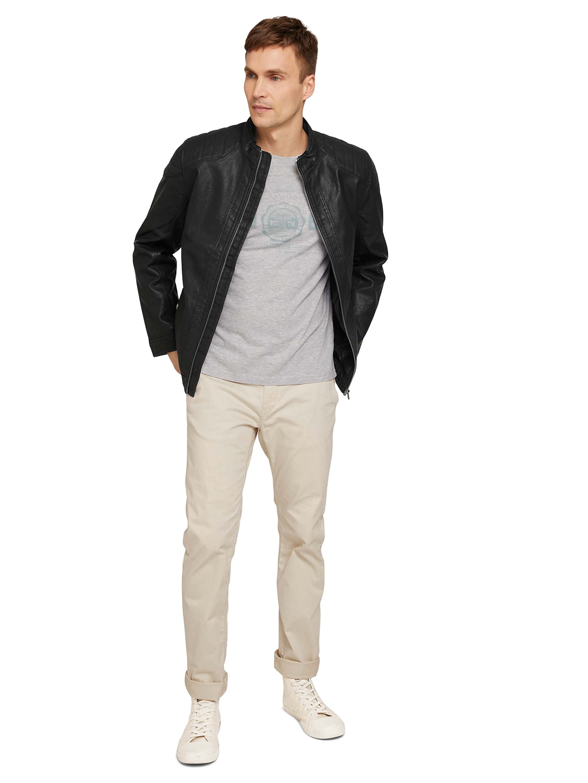 TOM TAILOR Hombre 1026337 Chaqueta de motorista de piel sintética