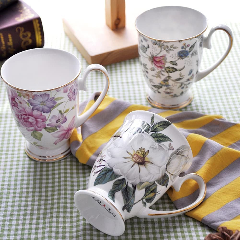 Juego de 4 tazas de café, diseño floral, tazas de té de huesos grandes, tazas de té de 300 ml con asa para capuchino, café, té, leche, oficina, regalo (B)