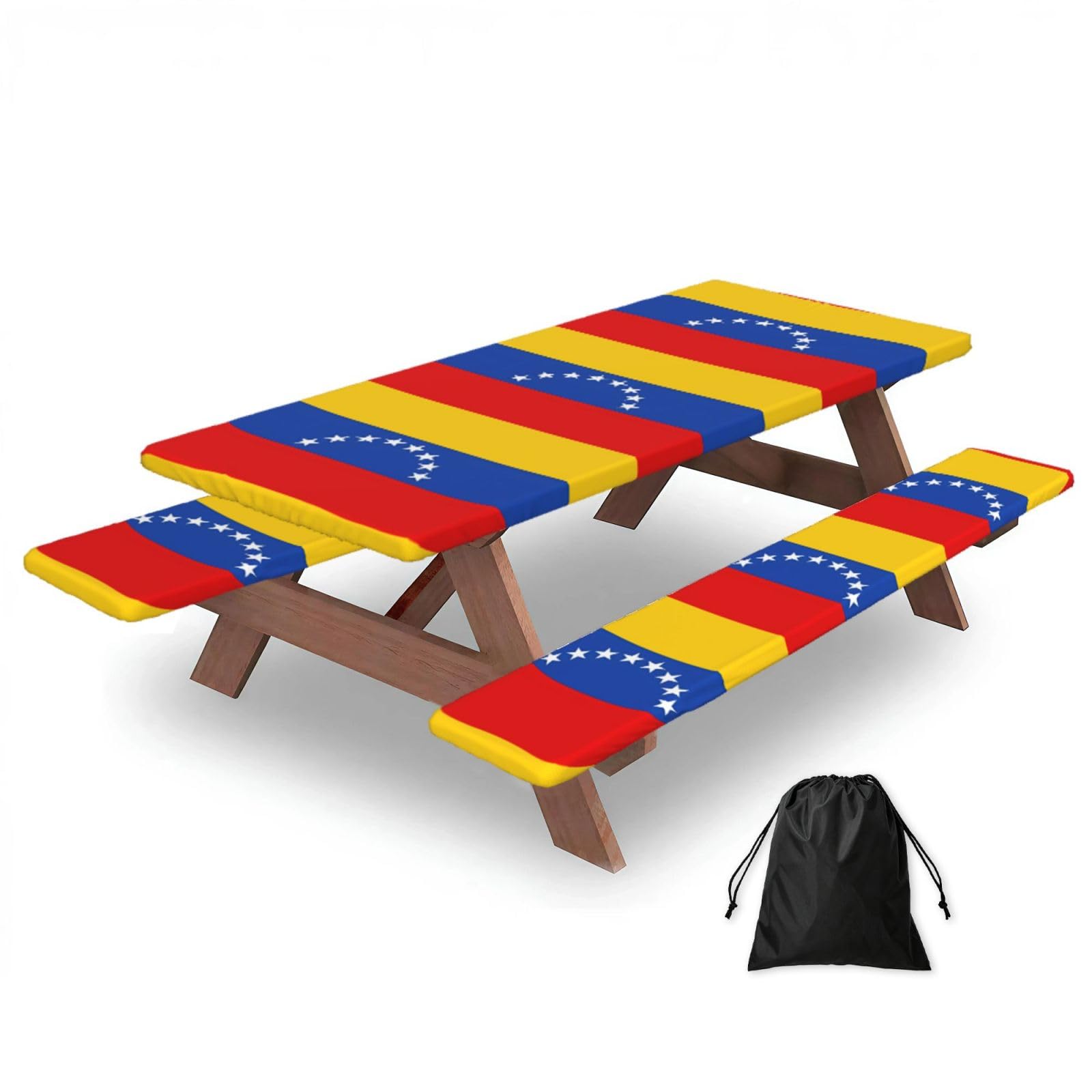 Hhbiuuo Black 72In Camping Table Cover & Bench Covers 3-Pack Set, Flag Of Venezuela Print Tablecloths, For Rectangle Tables Picnic
