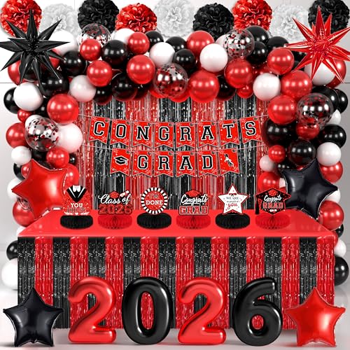 TREWAVE 2026 Graduation Red and Black Party Decorations - 104 Pcs Class of 2026 Graduation Decorations Include Foil Fringe Curtains and Tinsel Table Skirts for High School College Grad Celebrations