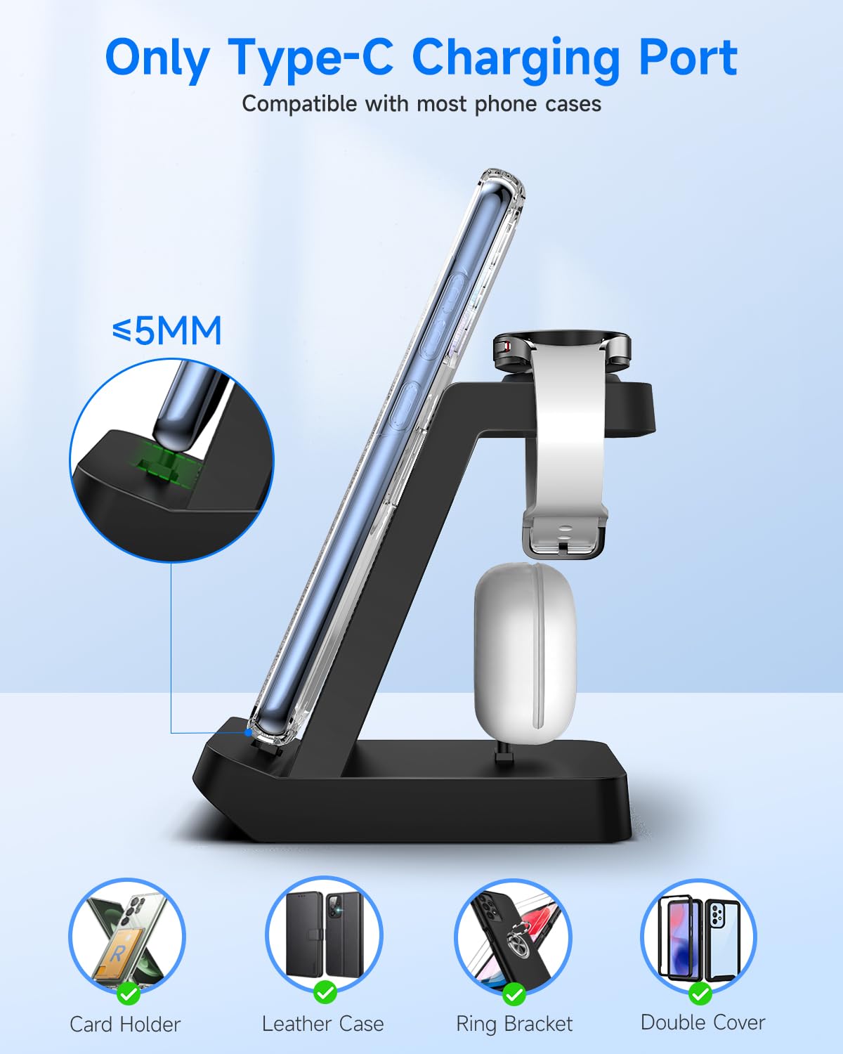 seacosmo 3 en 1 Station Recharge pour Samsung, Chargeur pour A16/A15/A05S/A25/S24 Série, Chargeur sans Fil pour Galaxy Watch 7/6/5 Pro, Support Charge pour Galaxy Buds et Appareils avec Prises Type-C