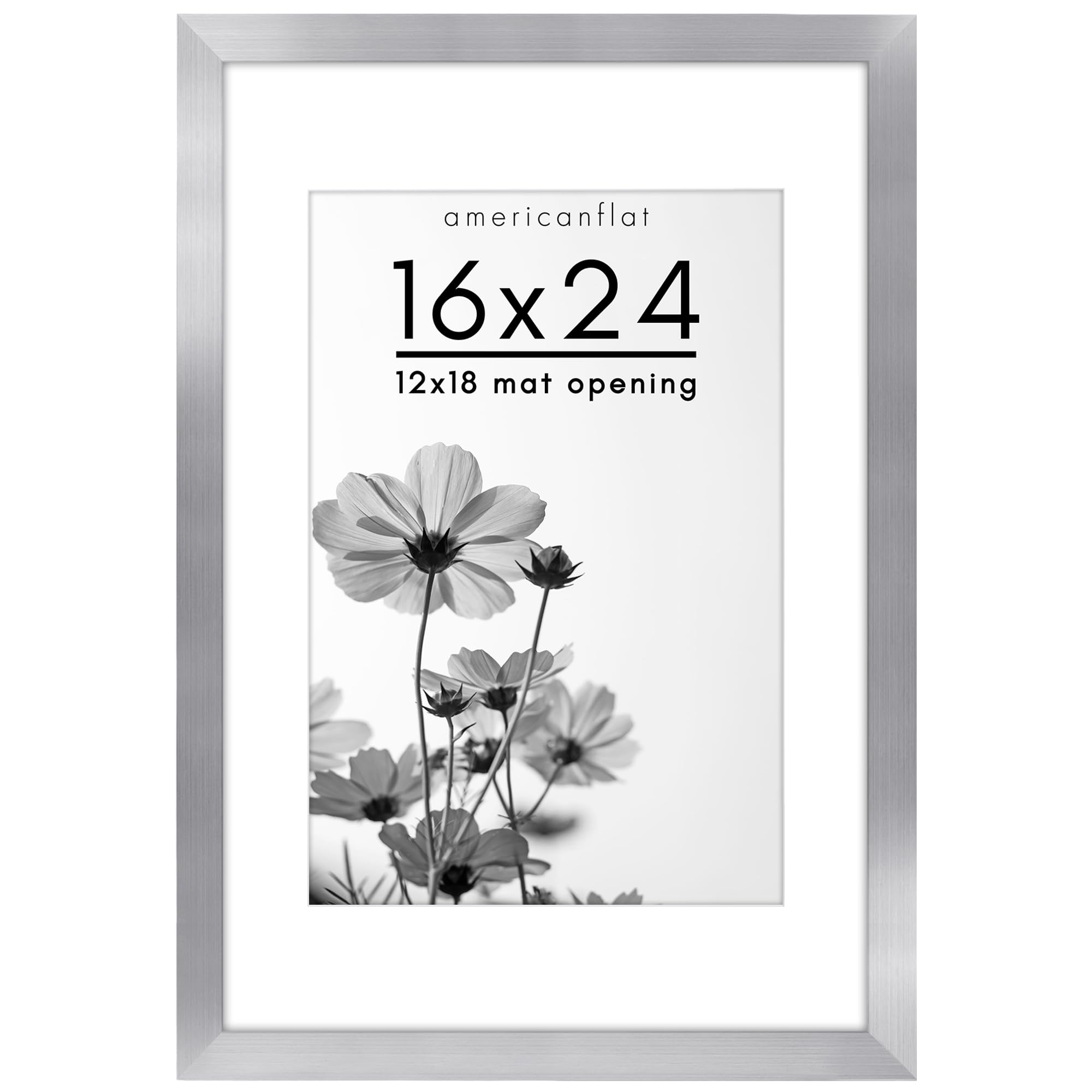 americanflat 16x24 poster frame in silver - use as 12x18 picture frame with mat or 16x24 frame without mat - wide engineered wood frame, plexiglass cover, and hanging hardware for wall