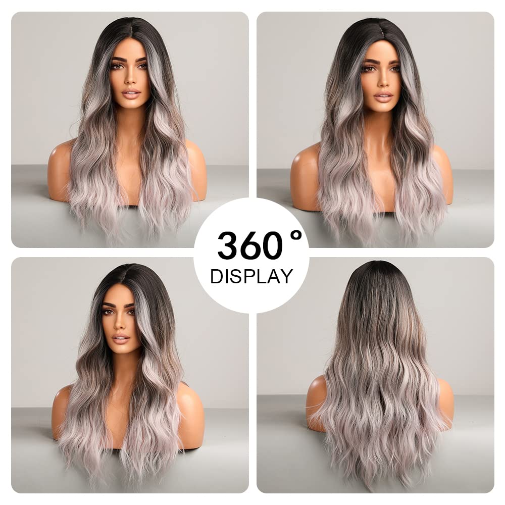 Long Wavy Ombre Black Gray Wigs for Women Natural Synthetic Hair Heat Resistant Wigs for Daily Party Cosplay Wear-22 Inches