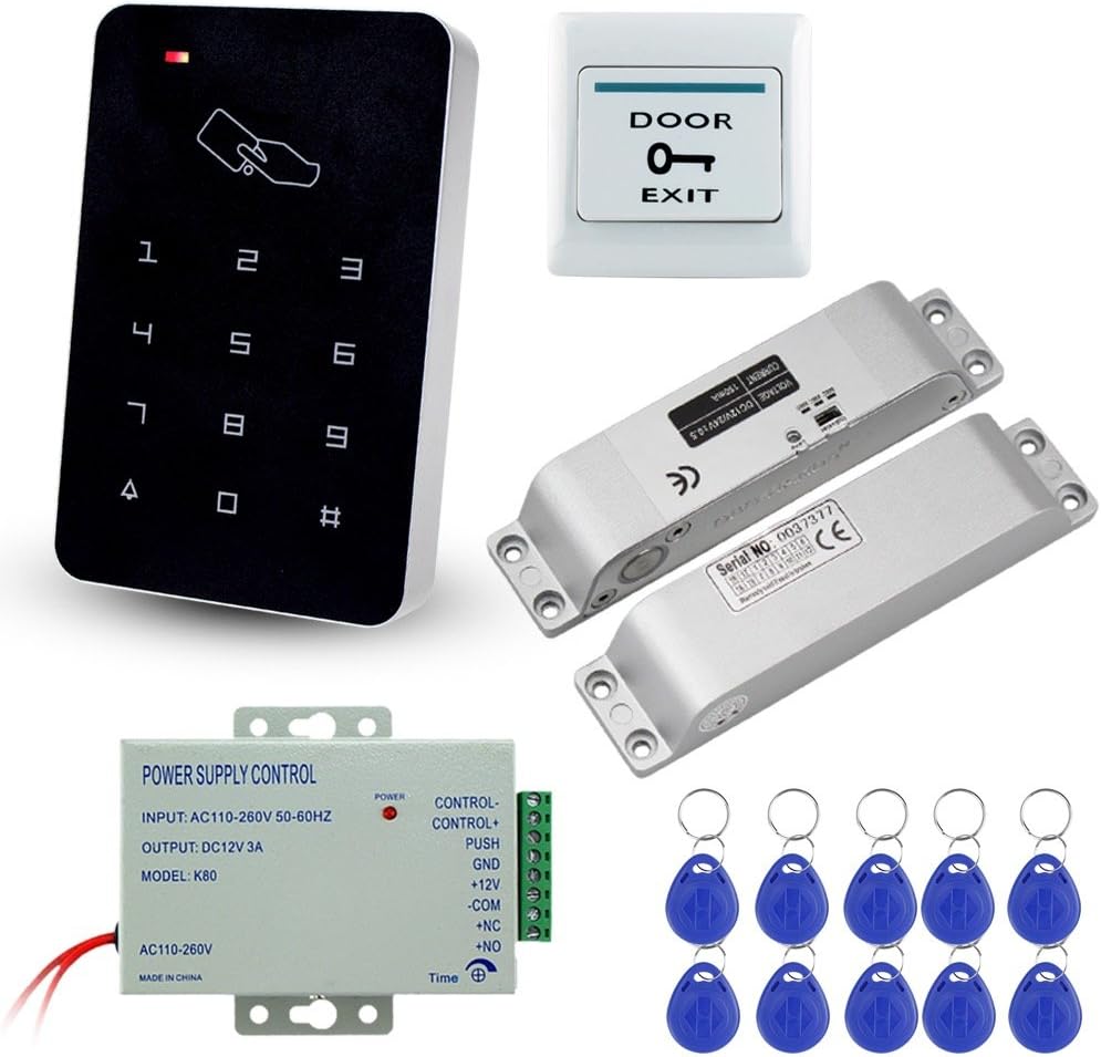 LIBO Full Set Kit of RFID Access Control Keypad 125KHz with DC12V Electric Lock Electronic Bolt Lock, 3A Power Supply, Exit Button, 10pcs ID Key Cards