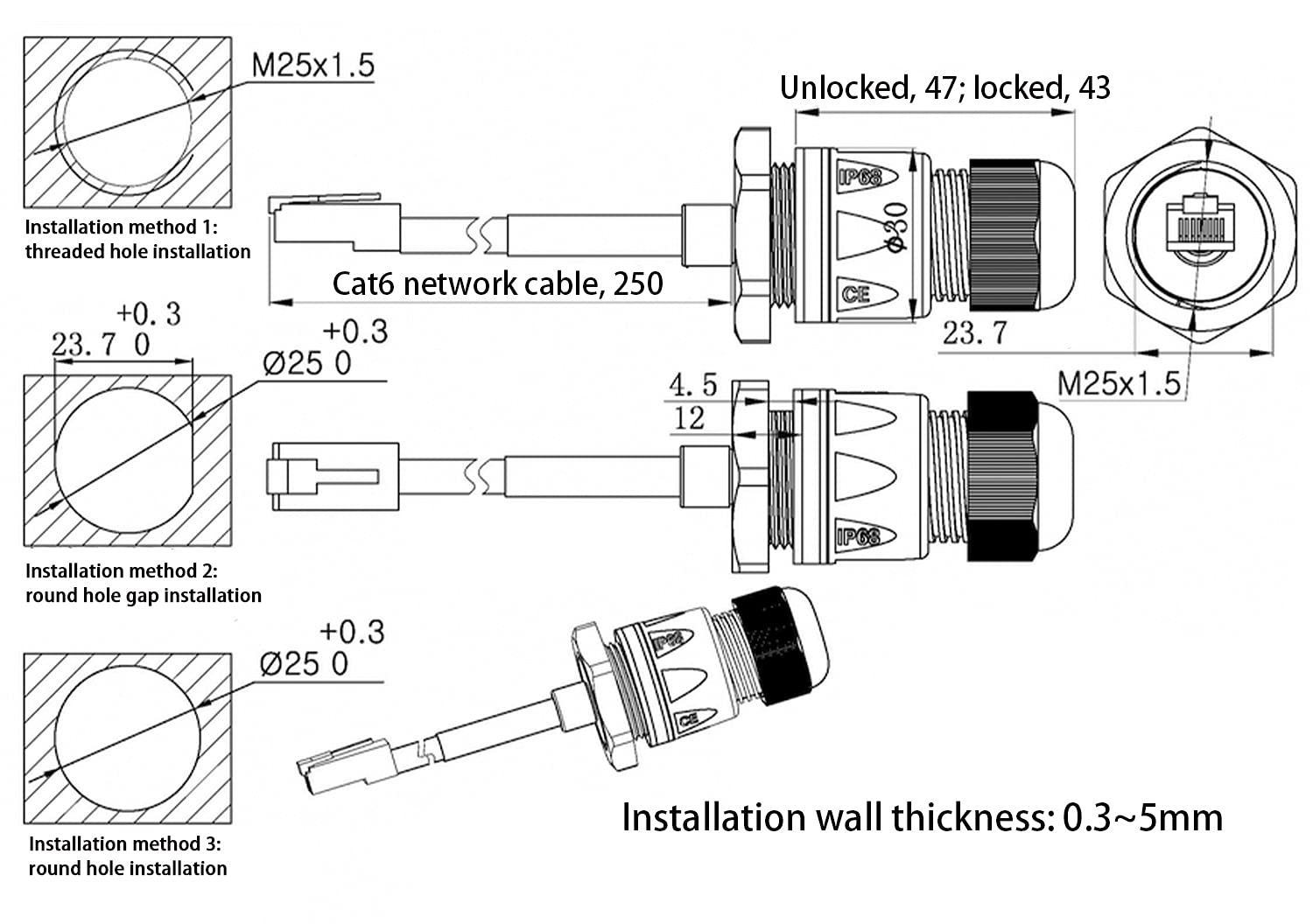 2 conectores impermeables RJ45 para montaje en panel M25 Cat5/5e/6, acoplador de cable LAN Ethernet con escudo Cat6, cable de red LAN al aire libre, adaptador macho a hembra