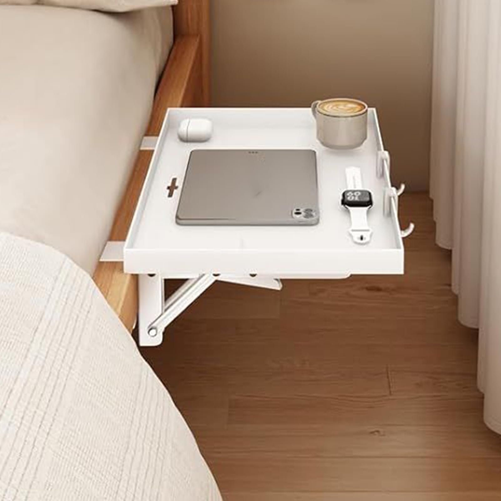 Faltbarer Nachttisch, Betttablett mit Clip, ansteckbare Nachttischregale, Nachttisch mit Clip und Kabelmanagement für Zuhause, Schlafzimmer, Wohnung