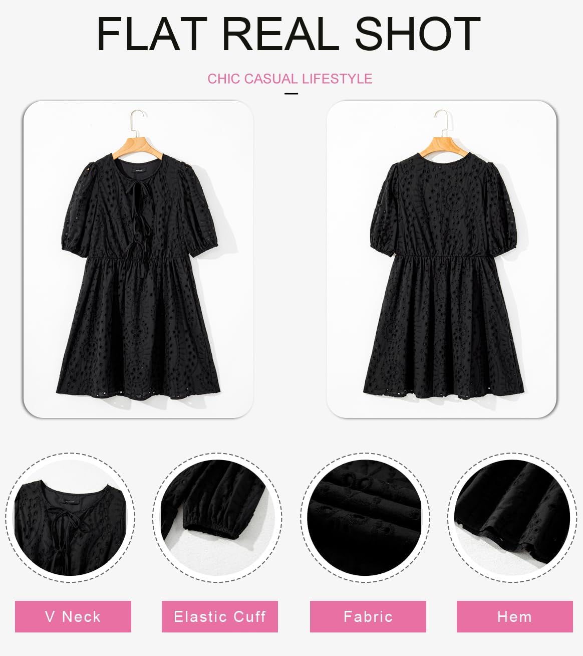 Dokotoo Summer Dresses for Women 2026 Tie Front V Neck Short Puff Sleeve Hollow Out Lace Wedding Guest Dress - Image 4