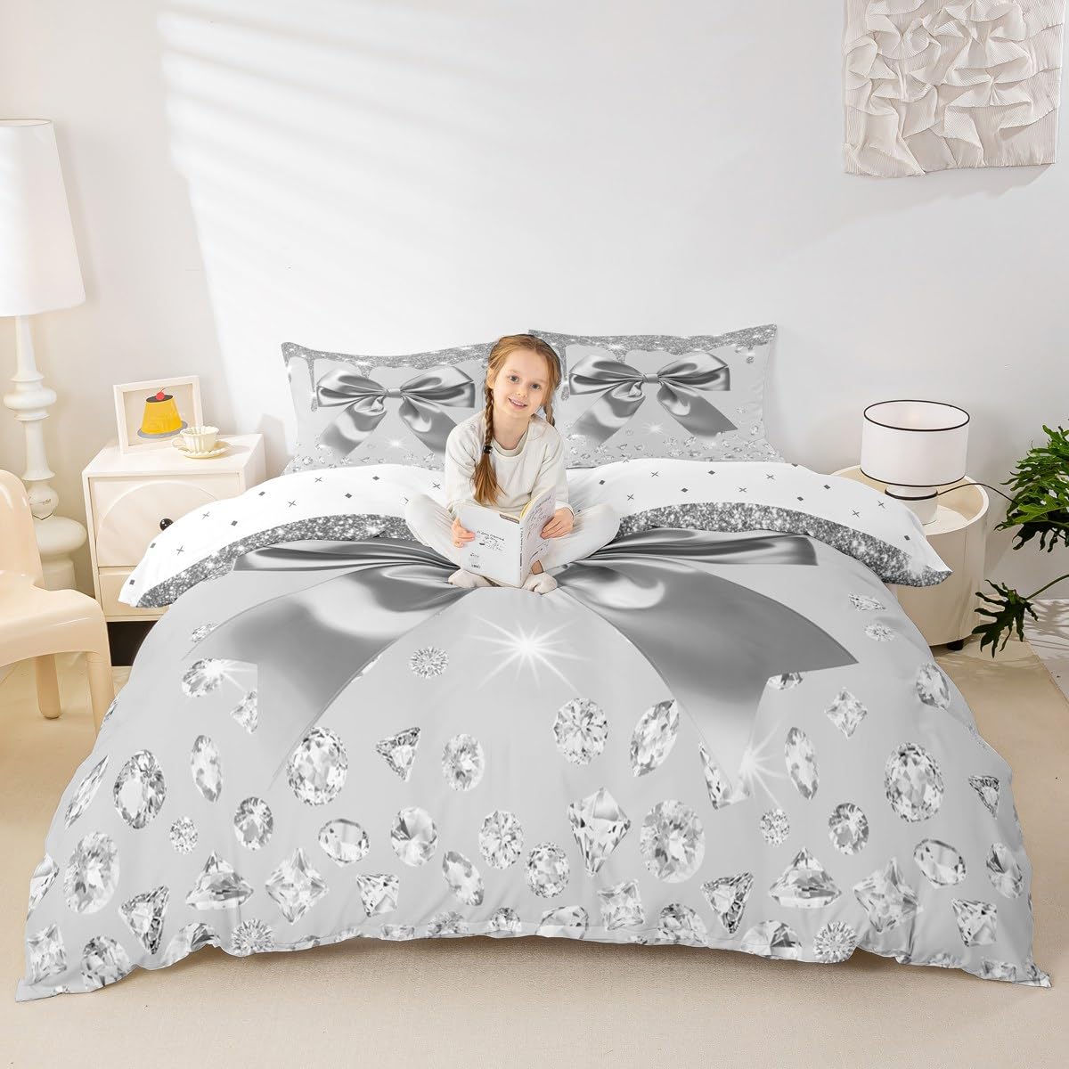 Watercolor Bow Bedding Set Double Size Kids Cute Bowknot Comforter Cover for Boys Girls Teens Coquette Bows Duvet Cover Breathable Soft Lightweight Dreamy Princess Style Room Decor Grey Silver