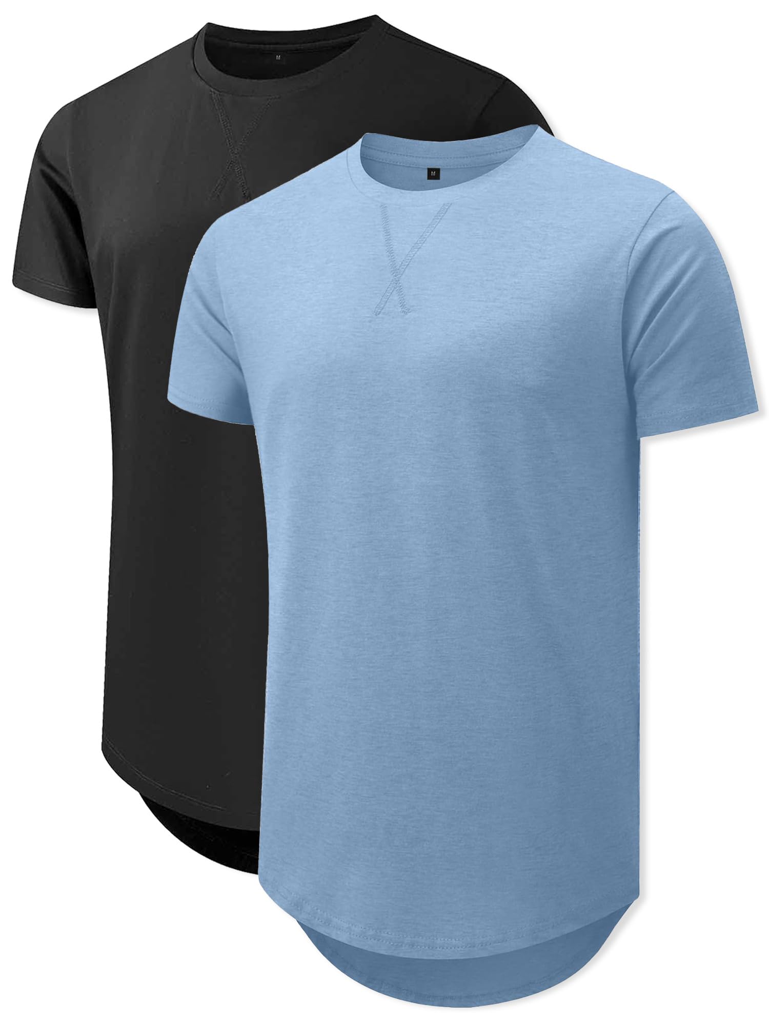 Comdecevis Mens 2 Pack Cotton T Shirts Crewneck Hipster Hip Hop Longline Gym Workout Shirts, 3XL, Black/Blue