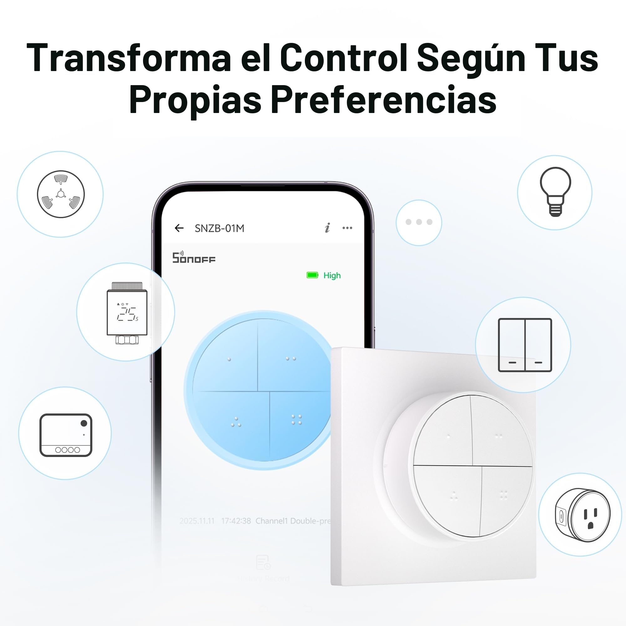 Botón Inteligente Sonoff SNZB-01M 4 en 1 Inalámbrico ZigBee Blanco | 16 acciones, Zigbee Binding & TouchLink Control de luz, compatible con Home Assistant, SmartThings, Hub requerido