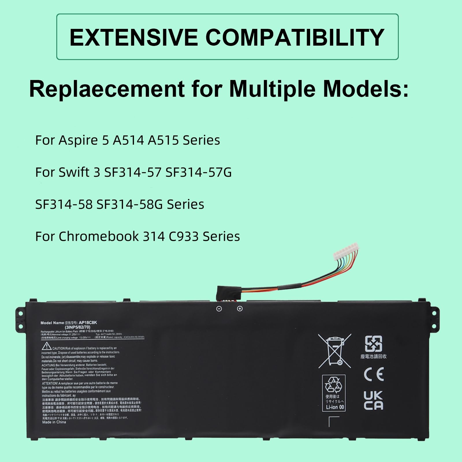 AP18C8K Batterie pour Acer Aspire 5 A514-54 A514-54G A715-42G, Swift 3 SF314-42 SF314-57 SF314-57G SF314-58 SF314-58G SF314-59, Chromebook 314 C933 315 CB315-3H CB315-3HT 11.25V
