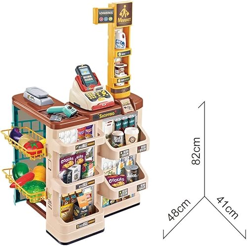 Miniatura 5 de Juego de supermercado para niños, 49 piezas de tienda de comestibles con carrito de compras, caja registradora, escáner, frutas, verduras, botellas