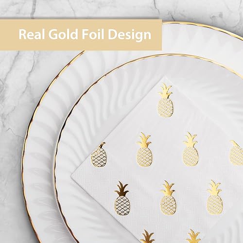 Miniatura 2 de Paquete de 80 servilletas de cóctel de papel blanco con patrón de piña de lámina dorada, suministros de fiesta (5 x 5 pulgadas, 3 capas)