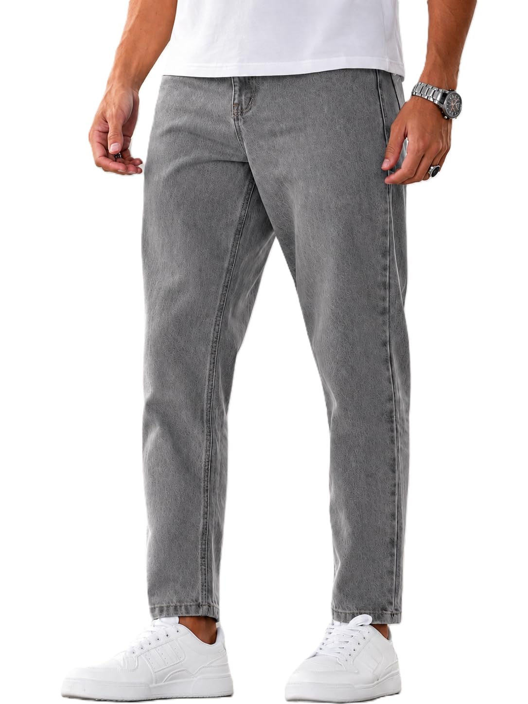 Men's Light Grey Slim Fit Jeans, Premium Cotton Denim, Mid Rise, Straight Tapered Leg, 5 Pocket Casual Everyday Wear-picture-21