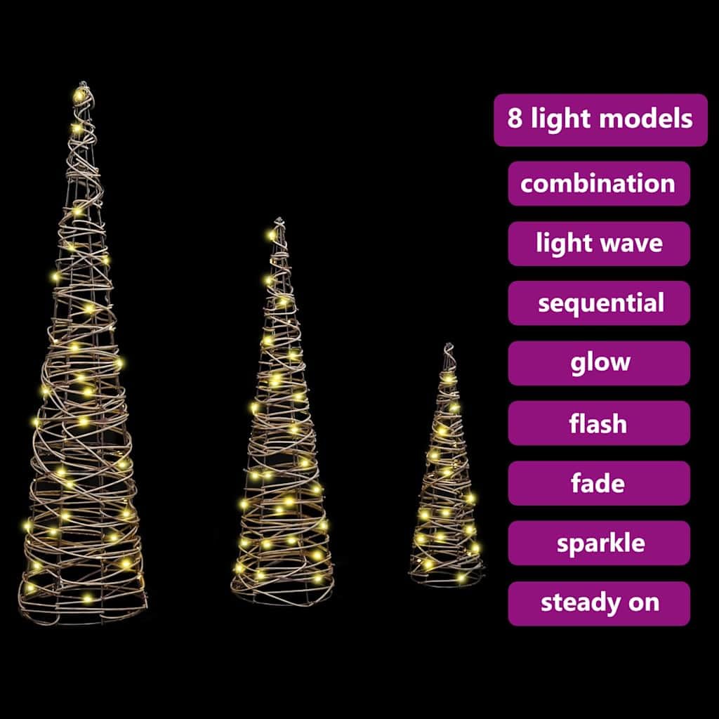 vidaXL Weihnachtsbaum 3 STK. Warmweiß 20 x 20 x 80 cm Rattan 90 LEDs
