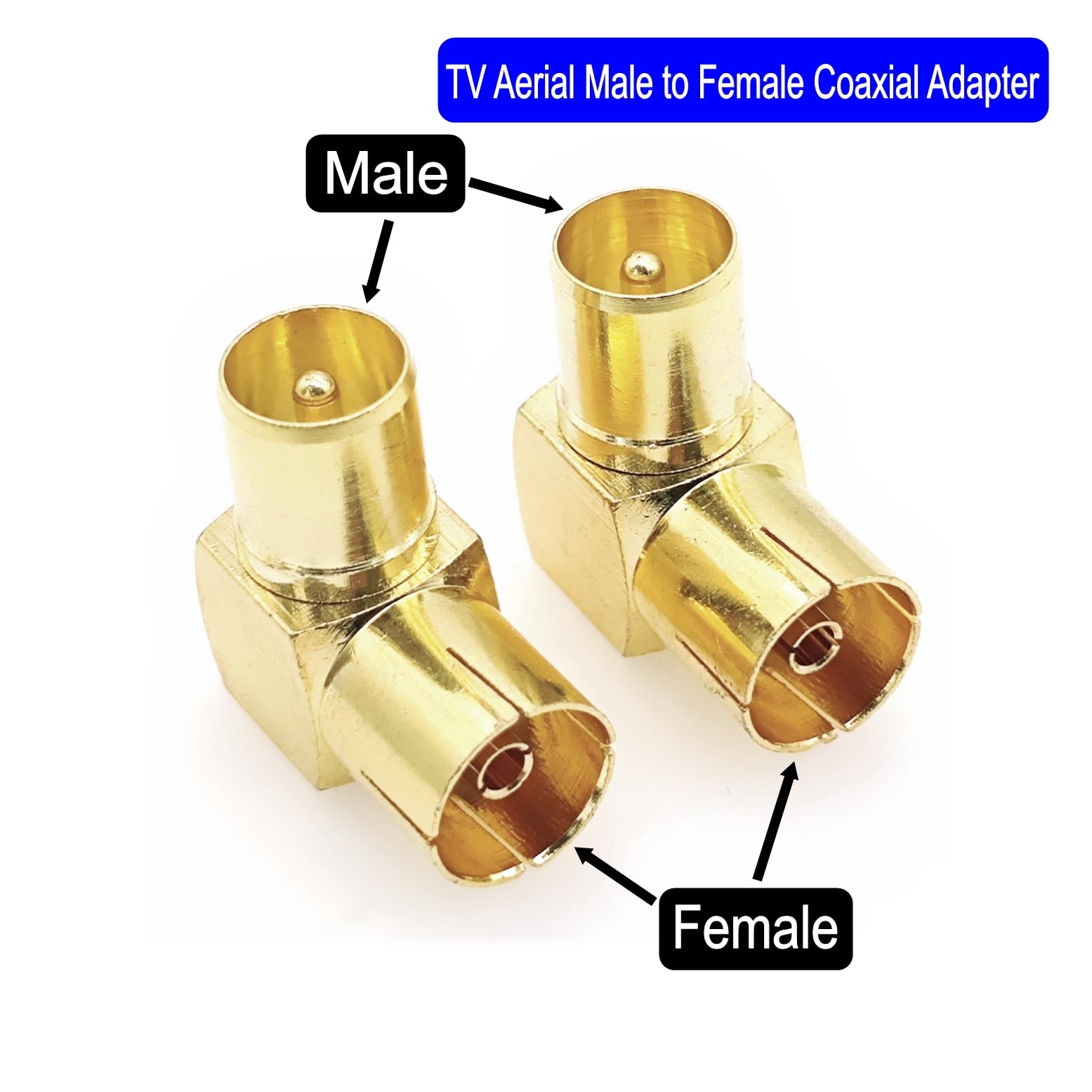 JZK 2X Adaptateur coaxial PAL mâle vers Femelle, plaqué Or, coudé à 90°, Compatible avec antennes, câbles Satellites, câbles TV, DVB-T et DVB-T2 HD