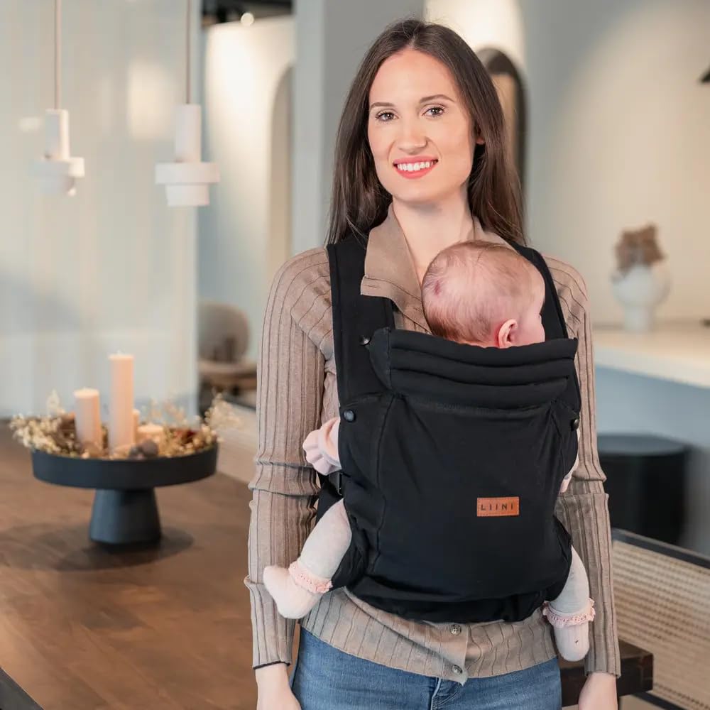 LIINI® Babytrage aus Baumwolle (Schwarz) – ab Geburt (3,5 kg) bis 15 kg, verstellbare Träger, Kopfstütze, Klickverschluss, ergonomisch & bequem – CE EN71-3 & SGS EN13209-2