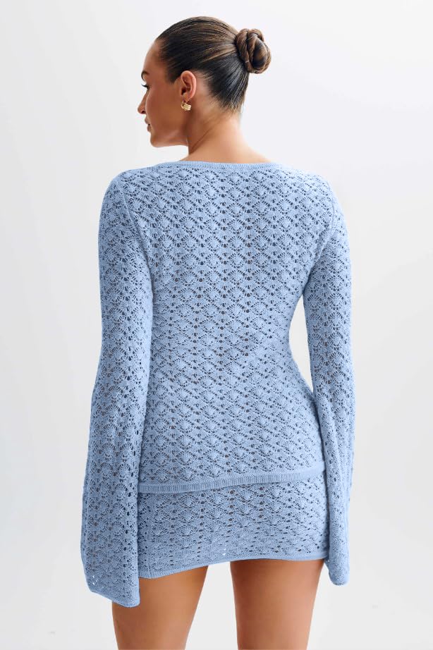 Women Crochet 2 Piece Outfits Set Swimwear Cover Up Flared Long Sleeve Button Down Tops Beach Mini Skirt Vacation Outfits2