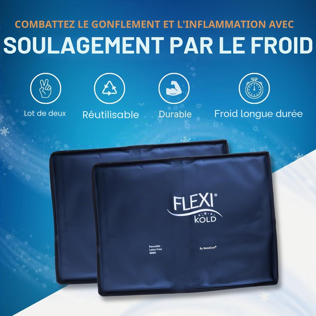 FlexiKold Pack de glace gel (taille standard : 10,5 cm x 14,5 pouces) - deux (2) packs de thérapie par le froid réutilisables (pour douleurs et blessures au genou, épaule, pied, dos, cheville, cou,
