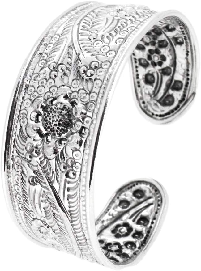 Chunky Statement 925 Sterling Silver Cuff Bangle Bracelet for Women - 25mm Floral Cuff Adjustable - Ideal gift for her