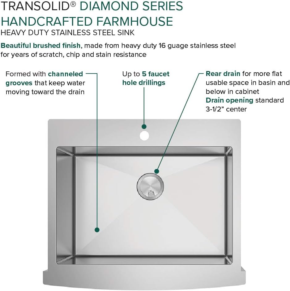 Transolid KKM-DTSSF302510-F2 Diamond 29.8-in L x 25-in W Super Single Bowl Farmhouse Apron Front Kitchen Sink and Accessories Kit with 2 Pre-Drilled Holes in Stainless Steel