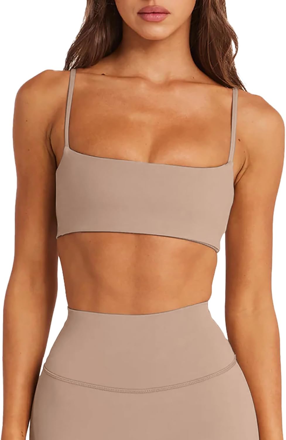 LASLULU Womens Adjustable Spaghetti Straps Sports Bra Square Neck Wireless Padded Workout Yoga Crop Tops