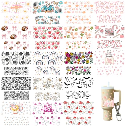 42pcs Daisy Goose Strawberry MINI Tumbler Keychain UV DTF Wraps Bow Bat Skeleton Sunflower uvdtf Stickers for Key Pendant Cowgirl Rugby Mushroom UVDTF Transfer Stickers Ghosts Watermelon