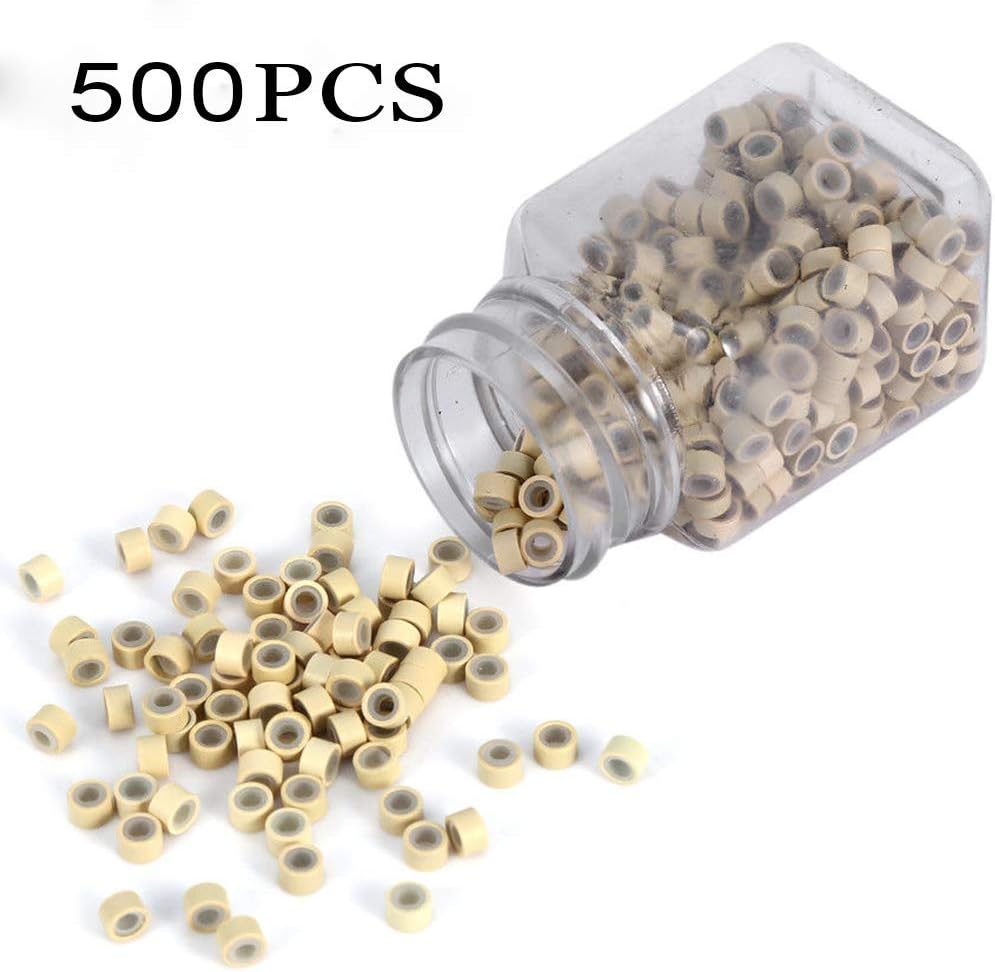 500PCS Silicone Lined Micro Rings Links Beads for Hair Extensions Bonded Tipped 5mm Blonde FFLIN๏ผ500PCS,Blonde๏ผ