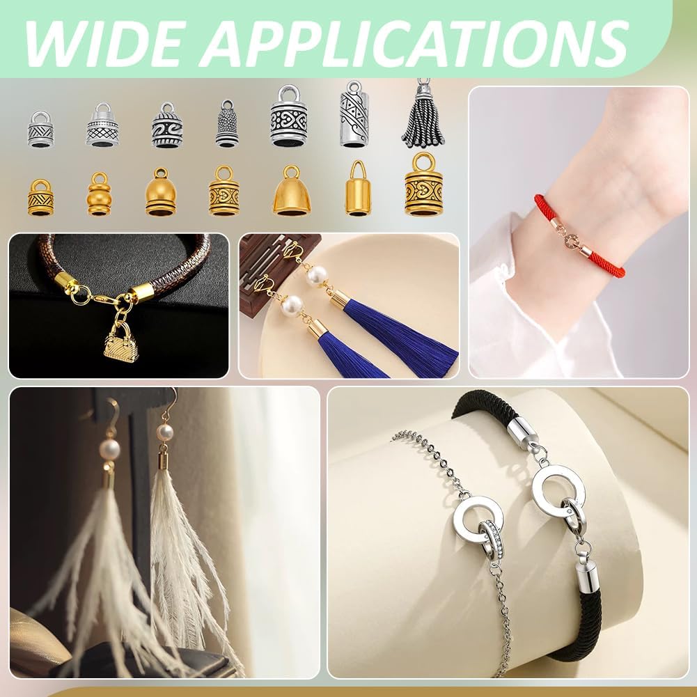 PH PandaHall 14 Styles Metal Cord Ends Caps 140pcs Tibetan Leather Cord End Glue in Barrel End Caps Cord Terminator for Kumihimo Bracelet Necklace Crafts Jewelry Making, Antique Silver/Antique Golden