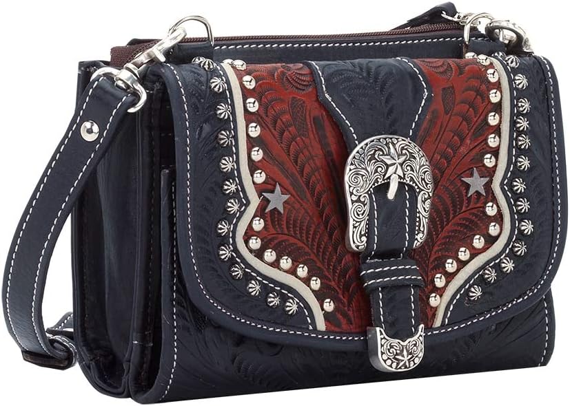 American West Hand Tooled Handcrafted 100% Genuine Leather Small Crossbody Bag/Wallet for Women/Girls/Teens | Card Slots Cash Pocket Clear ID Holder | Texas Two Step Collection | Western (Navy Blue)