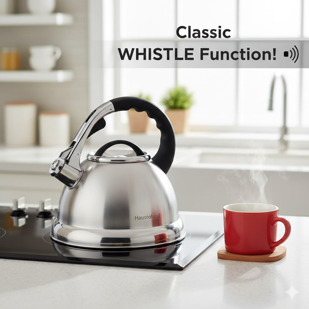 Germany Design Stainless Steel Whistling Tea Kettle – 3.5L Stovetop Teapot with Copper + Aluminum Base for Fast Heating, Long-Lasting Hot & Cold Retention, Zinc Alloy Handle, Satin Polish
