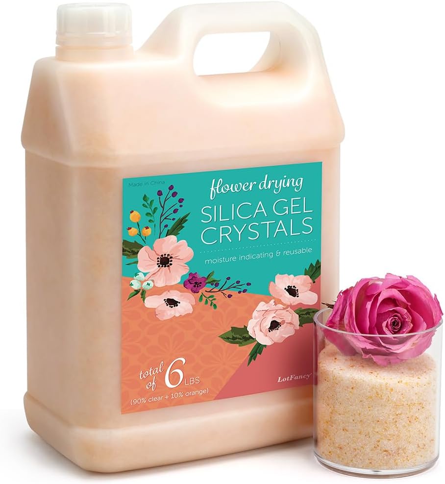 LotFancy Silica Gel for Drying Flowers 6 lbs (2.72 kg), Silica Sand with Indicator, Reusable Desiccant, Fine Crystals < 1 mm for Flowers
