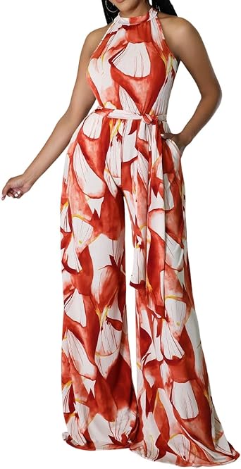 Jumpsuits for Women Dressy Casual Floral Print Halter Neck Wide Leg Jumpsuit Summer Flowy Sleeveless Rompers with Belt