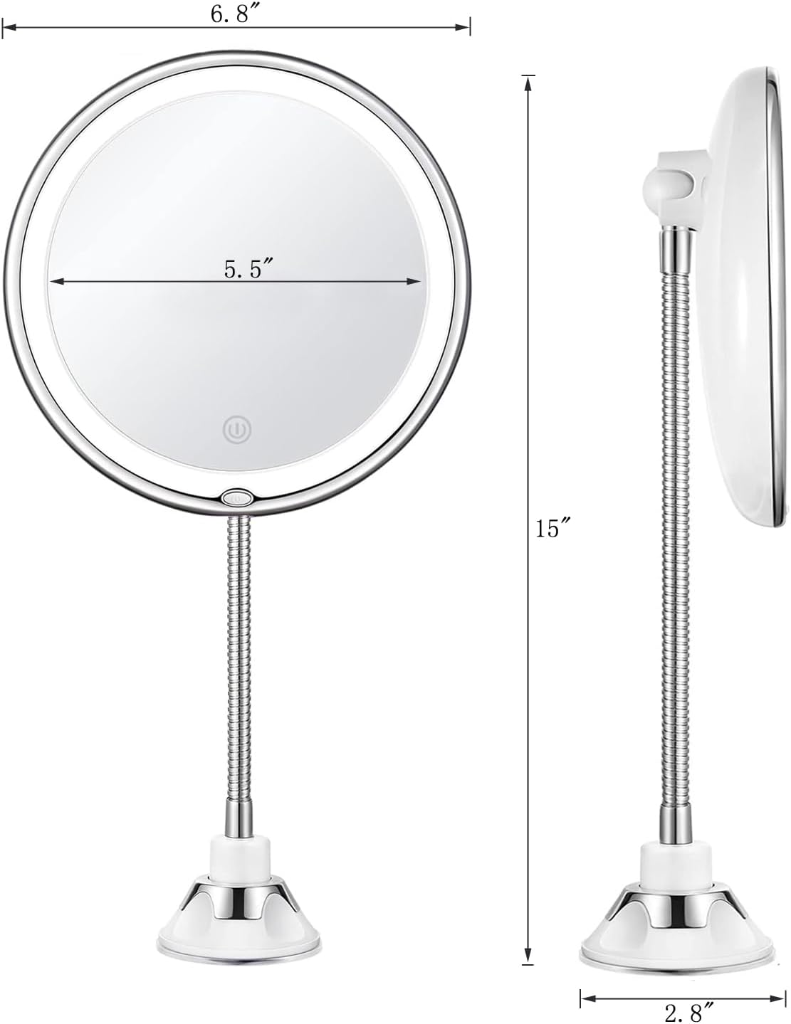 JiBen Flexible Upgraded Gooseneck LED Lighted 10X Magnifying Makeup Mirror with 3 Colors & Dimming Lights, Locking Suction Cup and 360° Swivel, Portable Cordless Travel and Home Bathroom Vanity Mirror