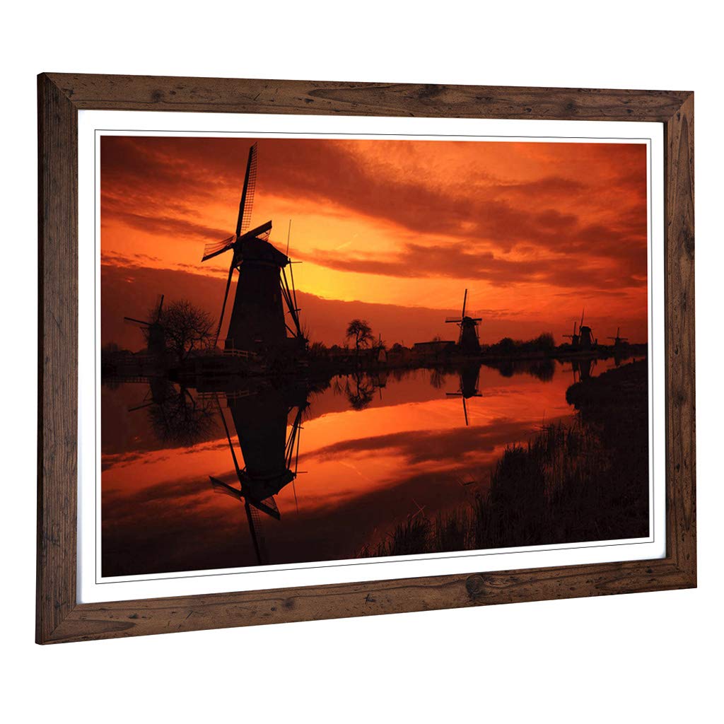 Big Box Art Framed Print of Landscape Windmills Sunset Design | Wall Art Picture | Home Decor for Kitchen, Living, Dining Room, Bedroom, Hallway, Office, Walnut, A2 / 24.5x18 Inch / 62x45cm
