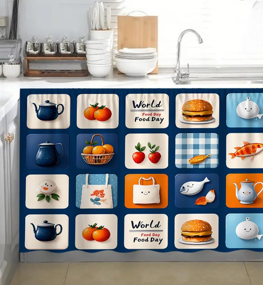 Image of Kitchen Curtains for Sink | Premium Printed Under-Sink Skirt for Kitchen Counter | Washable & Dustproof Rod Pocket Curtain | Home & Cooking Theme Decor (150cm x 70cm) (Burger)