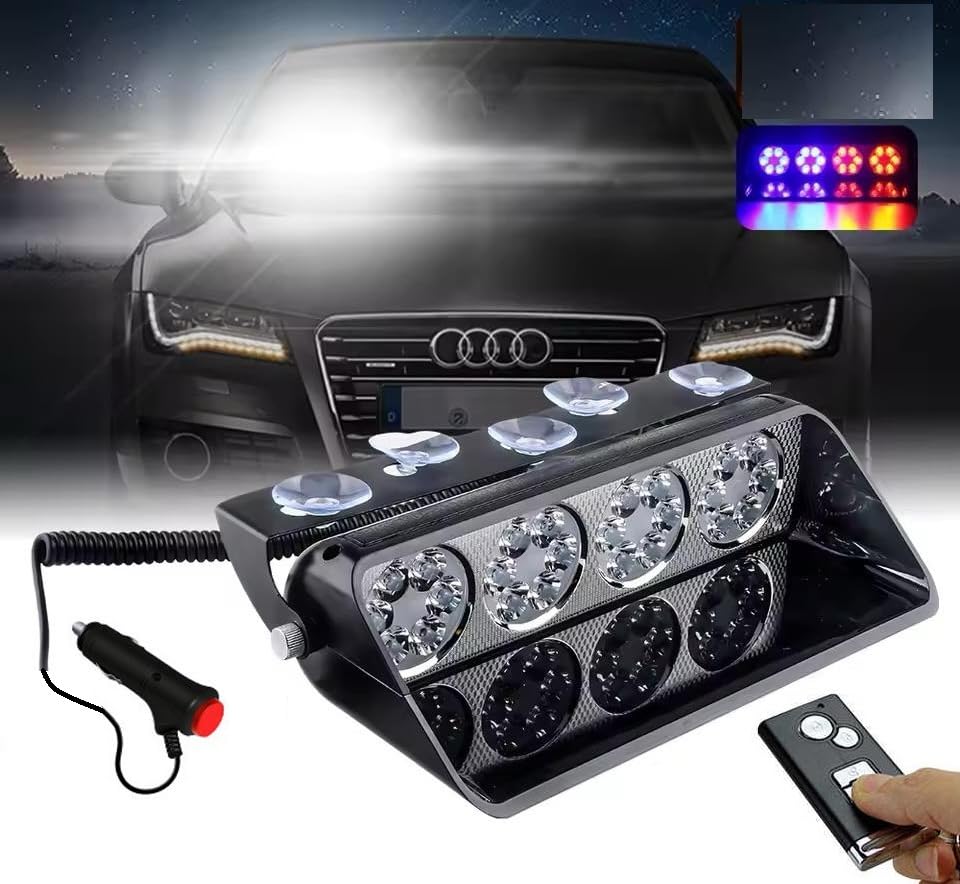 Image of AutoBizarre 12V Car Dash Emergency Warning Strobe Red Blue Flasher Windshield Sucker LED light With Multiple Flashing Modes For All Cars, Emergency Vehicles, etc. (24 LED Red Blue With Remote)