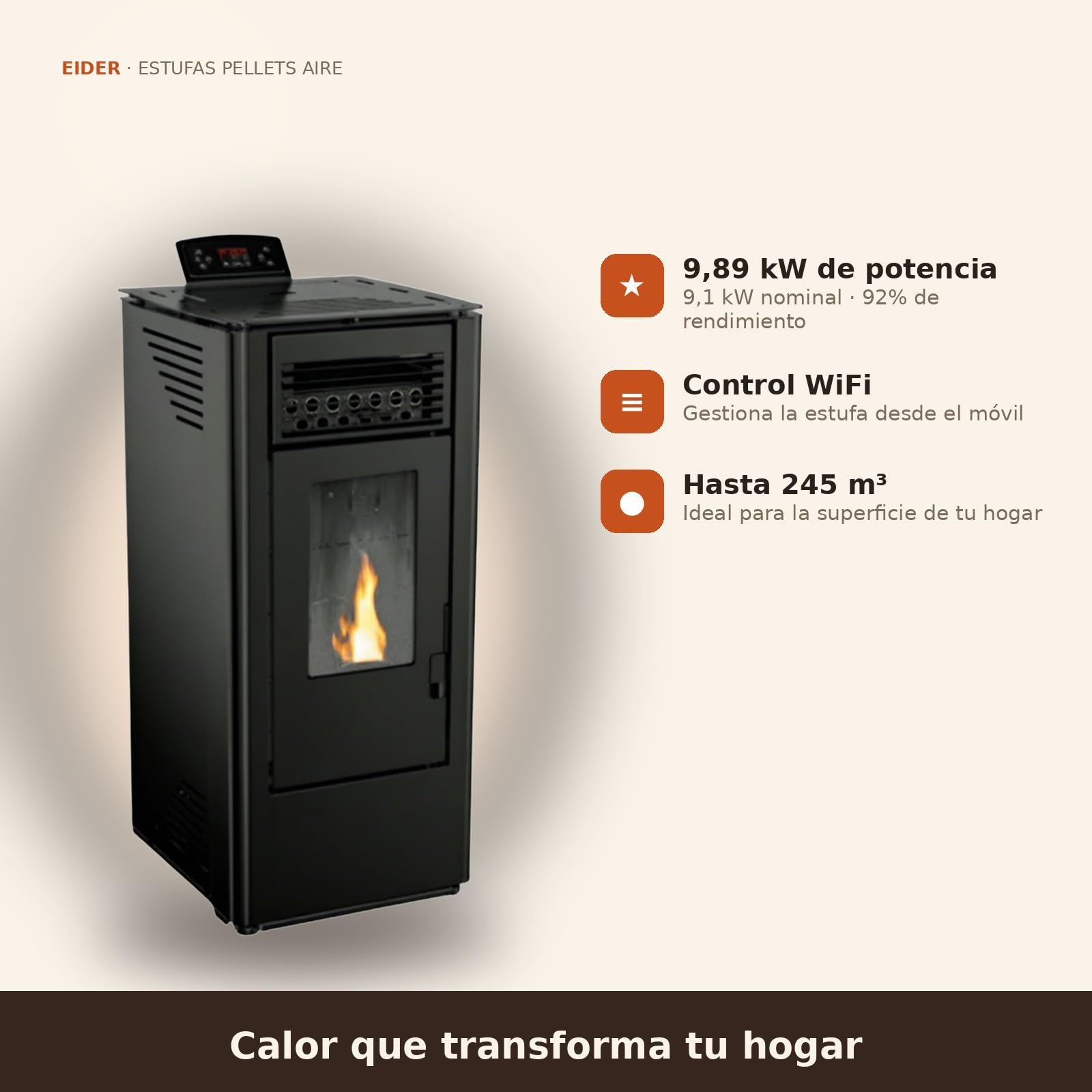 EIDER BIOMASA Estufa de Pellets KING 10 – 9,89 kW – Rendimiento 92% – Hasta 245 m³ – Tolva 15 kg – Programable WiFi – Encendido Rápido – Clase A+