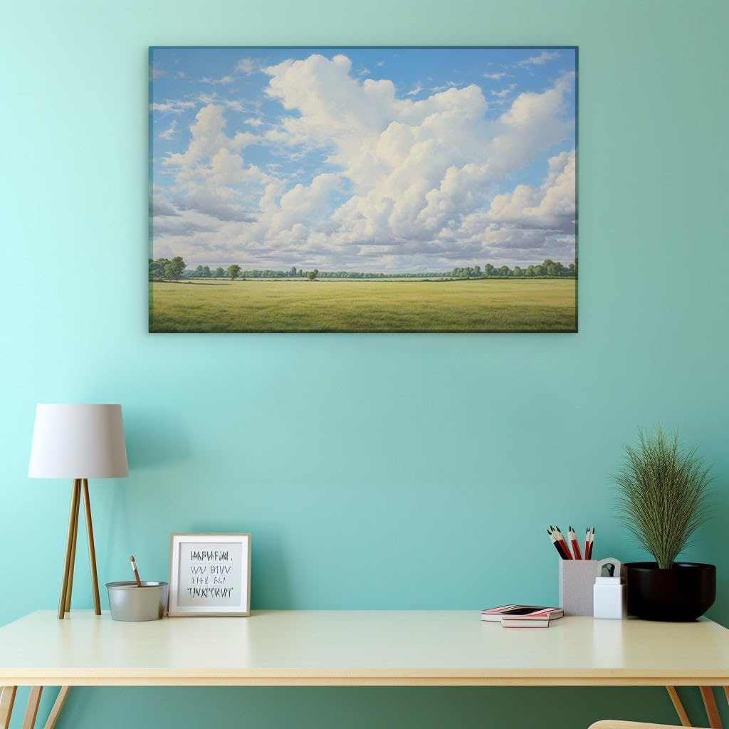 Canvas for Living Room. Under The Expansive Sky: Embracing Tranquility in a Boundless Green Haven, 27 x 18 inch Canvas Wall Art - Contemporary Masterpieces - Modern Home Decor